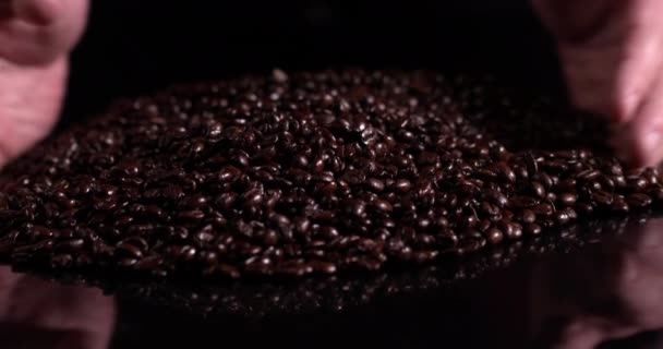 kávová zrna ve zpomaleném filmu prosévají v rukou na černém pozadí. barista s kávou v ruce - Záběry, video