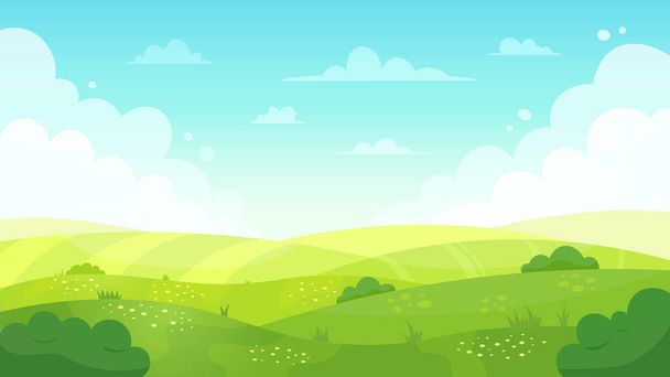 Kreskówkowy krajobraz łąkowy. Lato zielone pola widok, wiosna trawnik wzgórze i błękitne niebo, zielone trawa pola krajobraz wektor tło ilustracja - Wektor, obraz