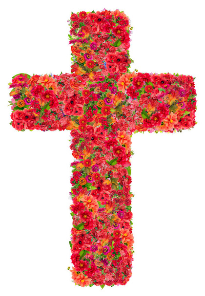 Maledetta croce di Gesù nel mio cuore salva il mondo dalla malattia. Collage fatto a mano da fiori rossi estivi. Isolato su bianco
 - Foto, immagini