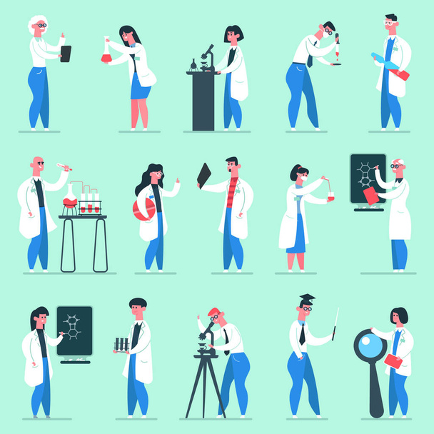 Vědecké postavy. Laboratorní lidé, chemičtí vědečtí pracovníci v laboratorních pláštích, laboratorní pracovníci v chemii izolovaných vektorových ilustrací - Vektor, obrázek