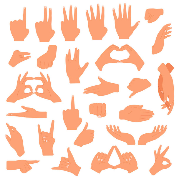 手を握って。コミュニケーションハンドジェスチャー、ポインティング、カウント指、 okサイン、手のひらジェスチャー言語ベクトルイラストセット - ベクター画像