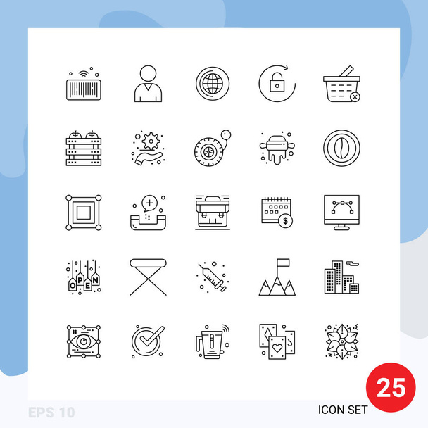 25 User Interface Line Pack van moderne tekens en symbolen van diner, appel, cd, winkelen, mand Bewerkbare Vector Design Elements - Vector, afbeelding