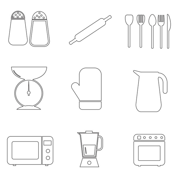 Keittiön kuvake ääriviivat Set. Joukko erilaisia mustavalkoinen ääriviivat kuvaavat keittiön kuvake kuvamerkkejä. EPS-vektori
 - Vektori, kuva
