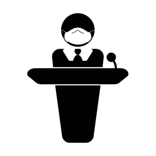 Person with mask giving speech announcement behind podium. Simple black and white stick figure illustration EPS Vector - Vector, Image
