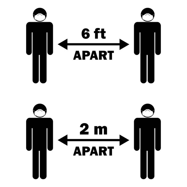 Social Distancing six 6 feet two 2 m apart. Stick figure with face mask. Black and white EPS Vector - Vector, Image