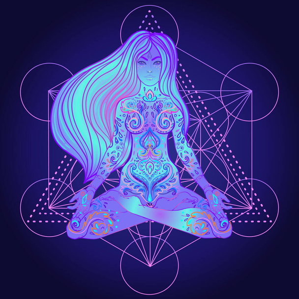 Beautiful Girl sitting in lotus position over ornate colorful neon background. Vector illustration. Psychedelic mushroom composition. Buddhism esoteric motifs.  - Wektor, obraz