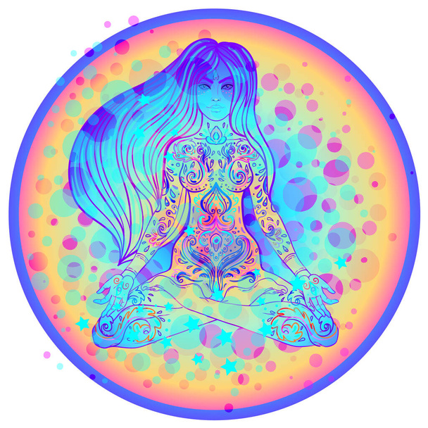 Schöne Mädchen sitzt in Lotusposition über verzierten bunten Neon-Hintergrund. Vektorillustration. Psychedelische Pilzzusammensetzung. Esoterische Motive des Buddhismus.  - Vektor, Bild