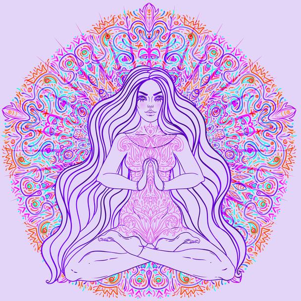 Beautiful Girl sitting in lotus position over ornate colorful neon background. Vector illustration. Psychedelic mushroom composition. Buddhism esoteric motifs.  - Vector, Image