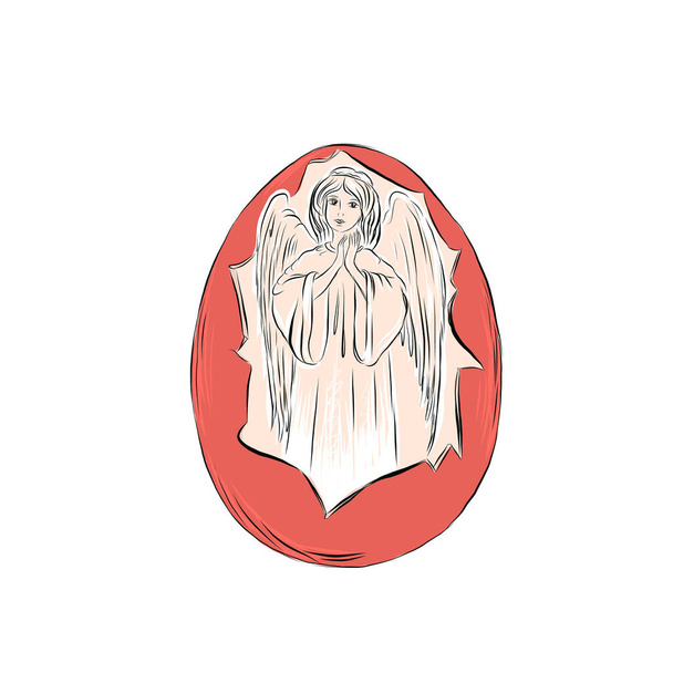  Easter red egg with drawing of angel praying  - Vector, Image