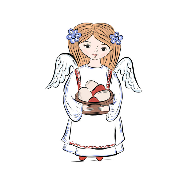  Angel girl with plate with easter colored eggs.  - Vector, Image