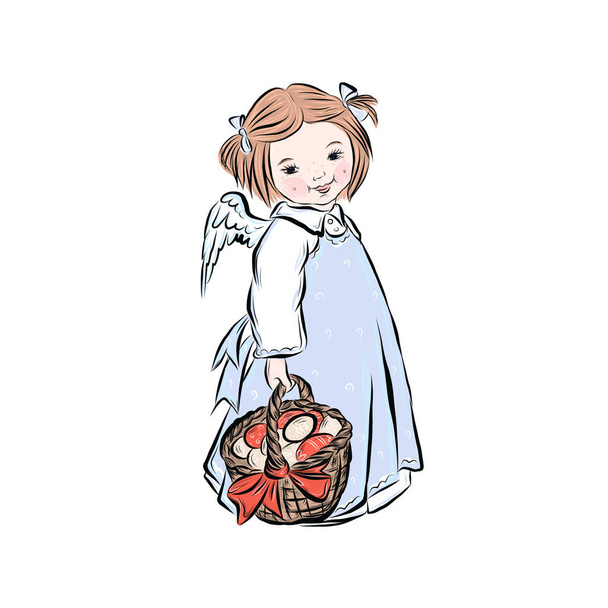  Angel dziewczyna trzyma wiklinowy kosz z wielkanocnych kolorowych jaj.  - Wektor, obraz