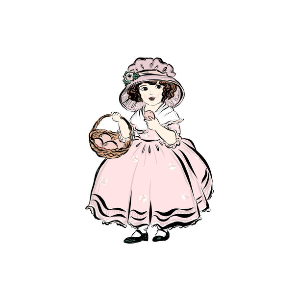  Дівчина тримає кошик з великодніми яйцями, розфарбованими рожевим. Вінтажна леді в чудовому довгому м'яча сукні. Ілюстрація в стилі дев'ятнадцятого повороту ХХ століття
. - Вектор, зображення