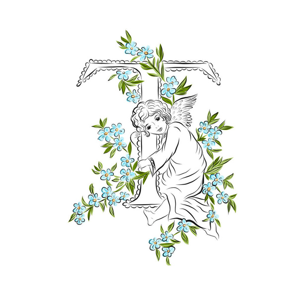 Angel with letter T decorated vegetation and flowers.  - Vector, Image