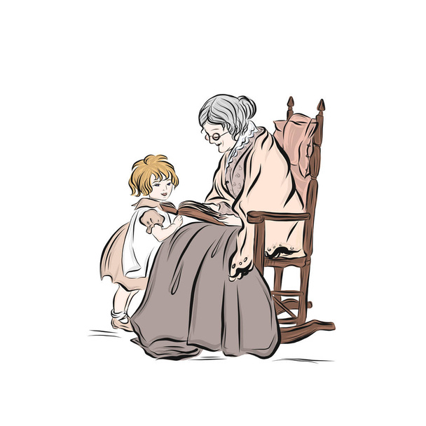 Feliz leitura familiar. A avó lê livro para neta. A idosa senta-se na cadeira de balanço. Avó de cabelo grisalho. Diferentes gerações
.   - Vetor, Imagem