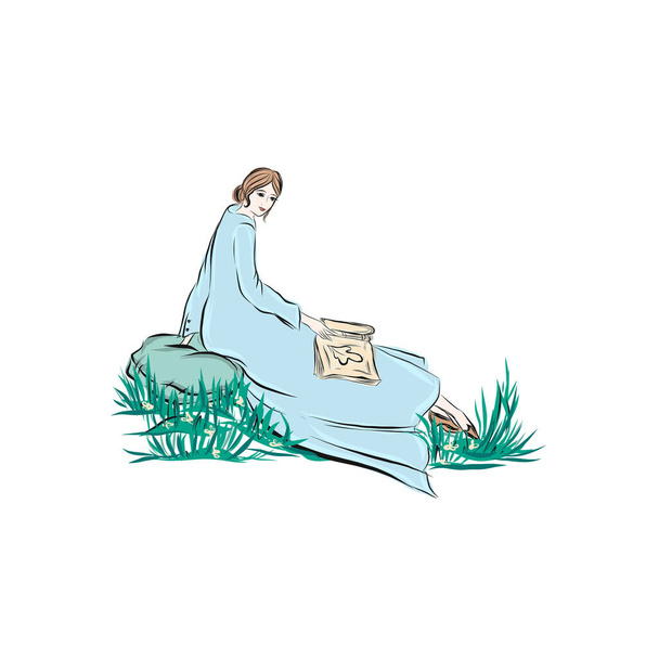  Женщина с книгой сидит на траве
 - Вектор,изображение