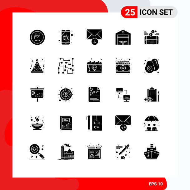 Glyphe solide Paquet de 25 symboles universels de mobile, magasin, espion, expédition, livraison Éléments de conception vectoriels modifiables
 - Vecteur, image