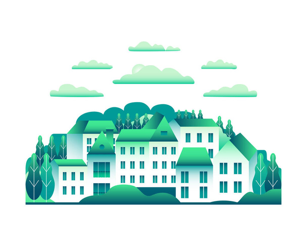 フラットスタイルのデザインアイコンの白い背景に隔離された都市の風景。家、建物、通り、木、雲、丘、山の漫画のベクトルのイラストと自然。青緑 - ベクター画像