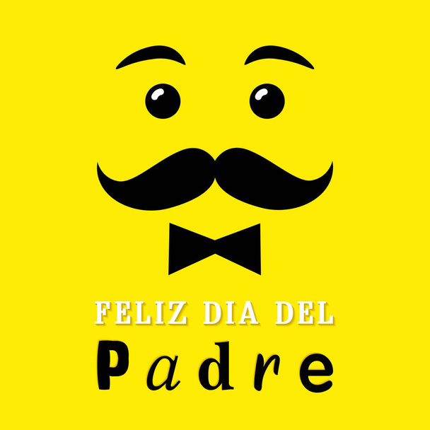 Lächeln-Emoji mit dem spanischen Schriftzug Feliz dia del Padre, übersetzt: Glücklicher Vatertag. Vatertagsvektorillustration mit Lächeln, Verbeugung, Schnurrbart und Text. Glückwunschkarte oder Verkaufsbanner - Vektor, Bild