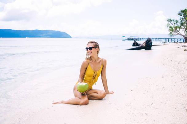 Young smiling blonde in sunglasses and yellow swimsuit with pina colada in immature coconut sitting on sand against background of sea, mountains and cloudscape - Fotó, kép