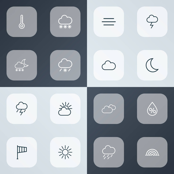 Clima ícones linha estilo definido com chuva, nublado, arco e outros elementos céu nuvem. Isolado vetor ilustração climática ícones
. - Vetor, Imagem