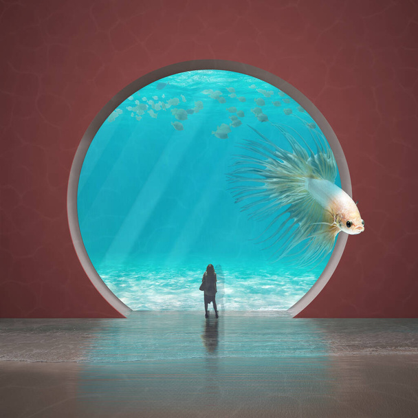 Surreal visionäres Aquarium in Rottönen mit einem großen rosigen Fisch, der aus dem Käfig entkommt, während eine junge Frau die Szene beobachtet, gewölbtes Fenster, Freiheitskonzept, imaginäre Kunst - Foto, Bild