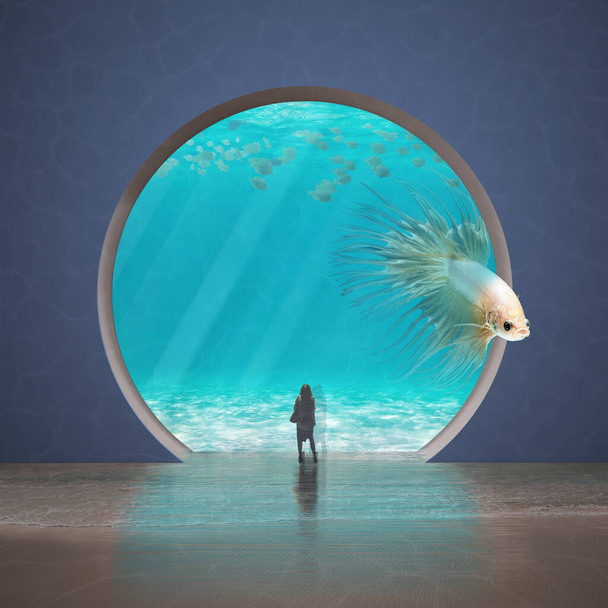 Сюрреалістичний акваріум у блакитних тонах з великою рожевою рибою, яка втікає з клітки, поки молода жінка спостерігає за сценою, арочним вікном, концепцією свободи, уявним мистецтвом
 - Фото, зображення