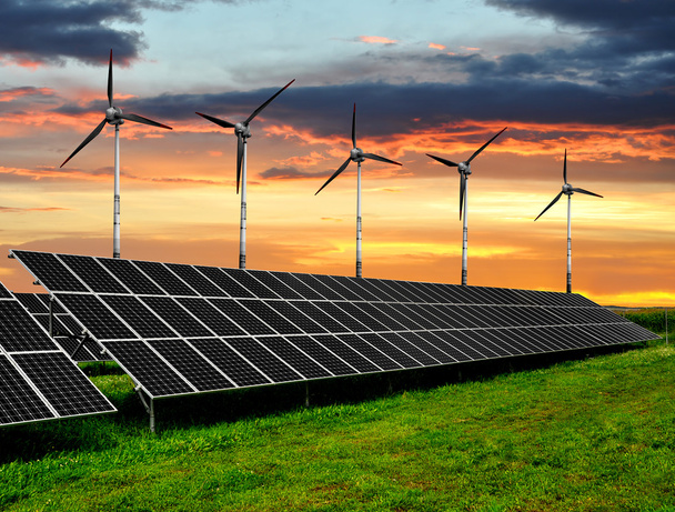 Solar energy panels with wind turbines - Photo, Image