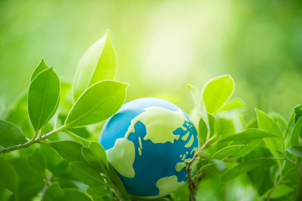 Крупный план природой зеленый лист с миром глобус на размытом зеленом фоне и копировать пространство для текста, используя в качестве фона зеленые растения пейзаж, обои, счастливый день земли концепции
. - Фото, изображение