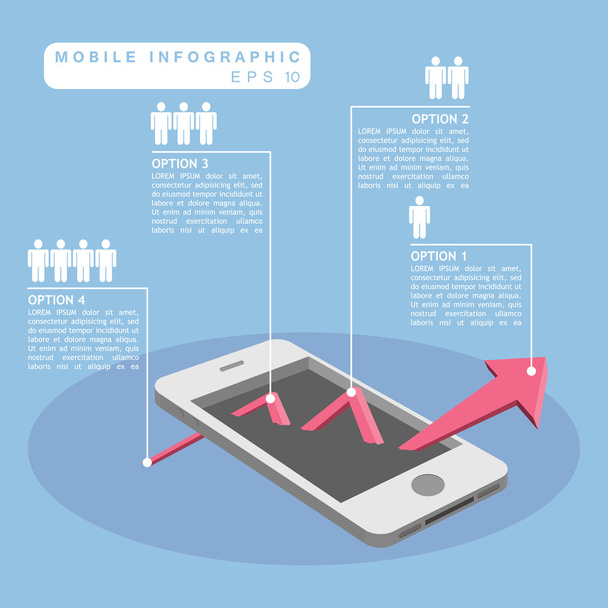 Mobile phone and up trend arrow graph infographic with human symbol - Vector, afbeelding