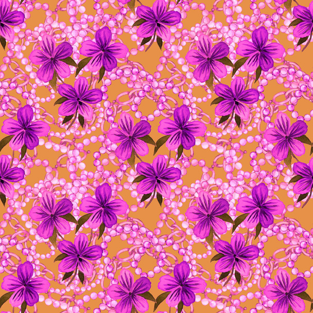 Retro watercolor seamless pattern with flowers, leaves and chains, great design for any purposes. Elegant floral fashion print. Vintage summer or spring surface design. Trendy textile decoration. - Foto, afbeelding