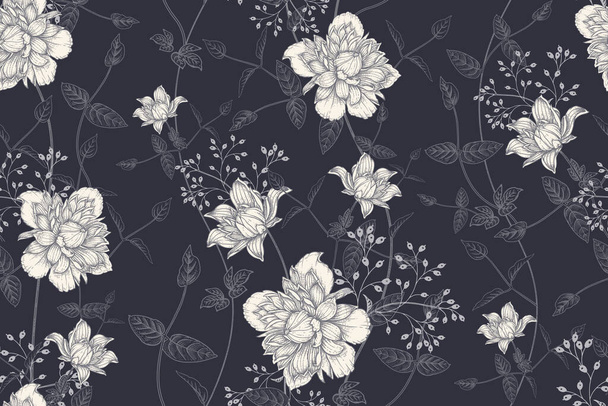 Black and white floral seamless pattern. Beautiful blooming garden flowers clematis and decorative branches. Vector illustration. Hand drawing. Vintage. Background for paper, wallpaper, summer textile - ベクター画像