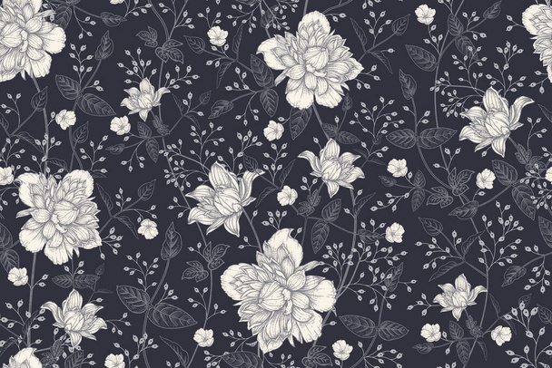Black and white floral seamless pattern. Beautiful blooming garden flowers clematis and decorative herbs. Vector illustration. Hand drawing. Vintage. Background for paper, wallpaper, summer textile - ベクター画像