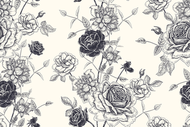 Black and white floral seamless pattern. Beautiful blooming garden flowers roses clematis. Vector illustration. Hand drawing. Vintage. Decorative background to create paper, wallpaper, summer textile. - Vector, afbeelding