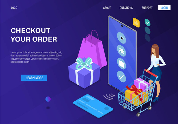 Online store order concept. Attractive woman makes an online order in a clothing store, with a shopping cart. Contactless payment methods in the store. Check order concept. Landing page for web design - Vector, Image