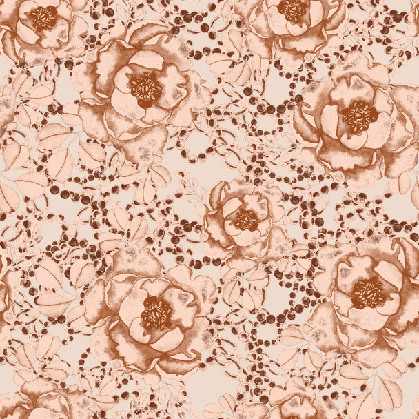 Retro watercolor seamless pattern with flowers, leaves and chains, great design for any purposes. Elegant floral fashion print. Vintage summer or spring surface design. Trendy textile decoration. - Fotoğraf, Görsel