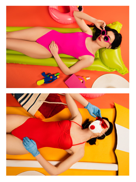 collage de fille en masque médical et gants en latex couché et touchant lunettes de soleil près de pistolet à eau et anneau gonflable sur orange
  - Photo, image