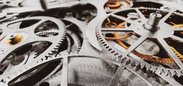 Ingranaggi e ingranaggi nel meccanismo di orologio a orologeria. Artigianato e precisione - elegante dettaglio in acciaio inox e metallo. Illustrazione 3D
 - Foto, immagini