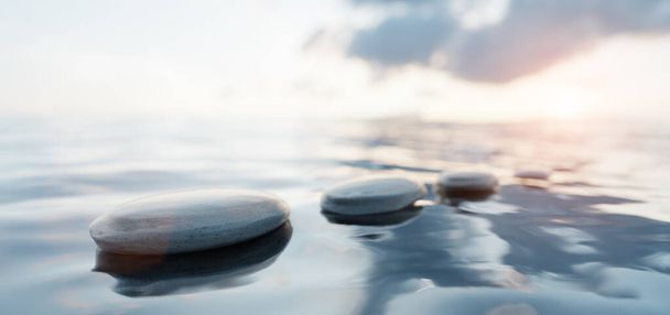Piedras Zen en aguas tranquilas. Spa bienestar y armonía. Océano al atardecer. Renderizado 3D
 - Foto, Imagen