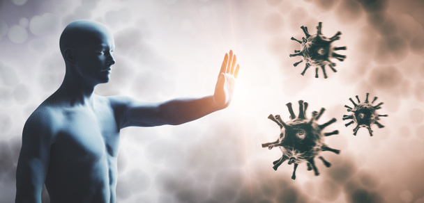 Un uomo che ferma il coronavirus. Il sistema immunitario difende dal virus della corona COVID-19. Rendering 3D
 - Foto, immagini