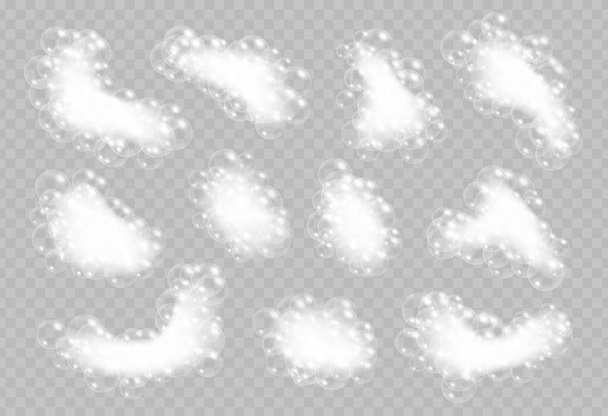 Soap foam with bubbles isolated on transparent background. Realistic sparkling shampoo, suds and bath lather. - Vector, Image