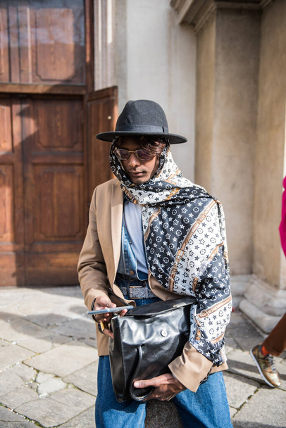 MILAN, Italy: 21 February 2020: Fashion blogger street style outfit before MARNIi fashion show during Milan fashion week Fall/winter 2020/202 - Fotografie, Obrázek