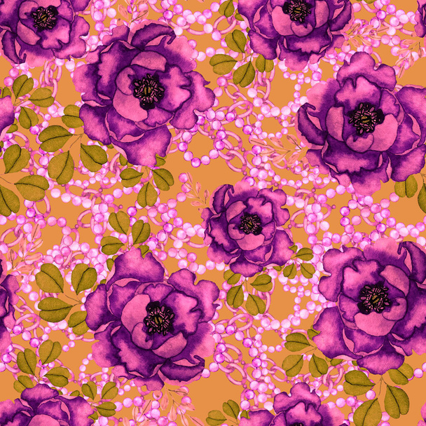 Retro watercolor seamless pattern with flowers, leaves and chains, great design for any purposes. Elegant floral fashion print. Vintage summer or spring surface design. Trendy textile decoration. - 写真・画像