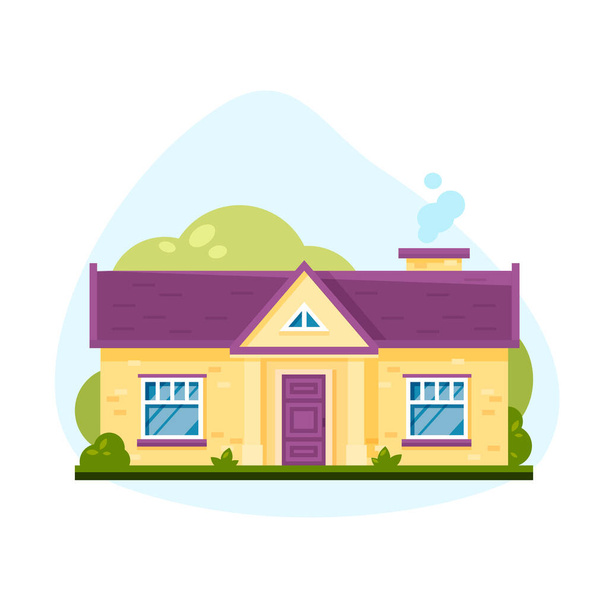 Vector ilustração plana de casa residencial colorido com paredes de tijolo e telhas de telhado violeta. Imobiliário. Edifício exterior do campo. Paisagem e vegetação. arquitetura residencial privada
 - Vetor, Imagem