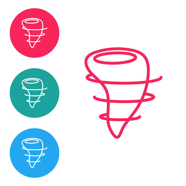 Rote Linie Tornado-Symbol isoliert auf weißem Hintergrund. Setzen Sie Symbole in Kreis-Tasten. Vektorillustration - Vektor, Bild