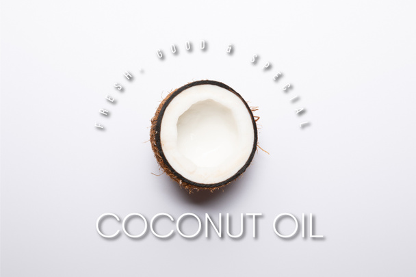 top view of ripe coconut half on white background with coconut oil illustration - Photo, Image