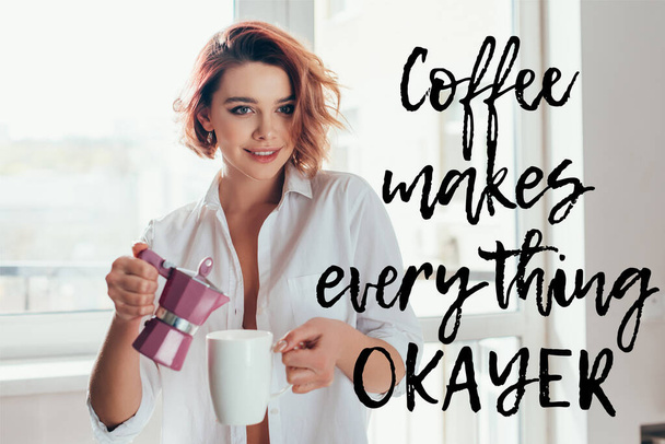beautiful girl pouring coffee from pot on quarantine with coffee makes every thing okayer lettering - Photo, Image