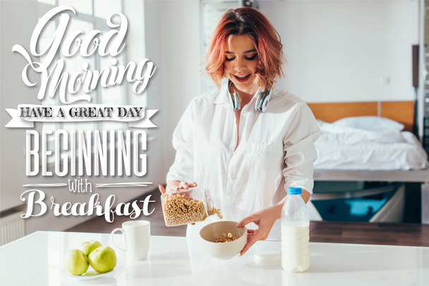 excited woman having cornflakes with milk and apples for breakfast during self isolation with good morning, have a great day beginning with breakfast lettering   - Photo, Image