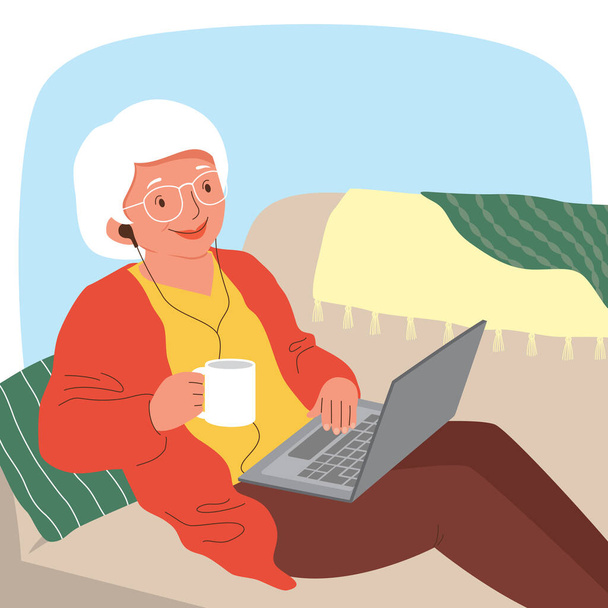 Τεχνολογία savvy ηλικιωμένη γυναίκα χρησιμοποιώντας ένα φορητό υπολογιστή με ακουστικά, ενώ χαλαρώνοντας στον καναπέ.   - Διάνυσμα, εικόνα