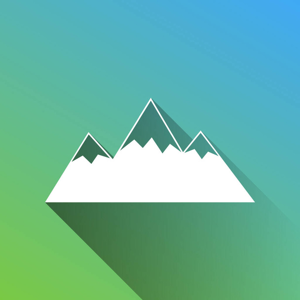 Illustration de signe de montagne. Icône blanche avec ombre illimitée grise sur fond vert à bleu
. - Vecteur, image
