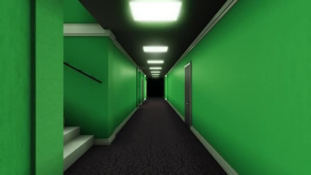 Długi korytarz z drzwiami i ciemnością na końcu. Animacja. Idąc naprzód w ostateczną ciemność długiego korytarza z drzwiami i lampami liniowymi. Przerażający korytarz w gry - Materiał filmowy, wideo